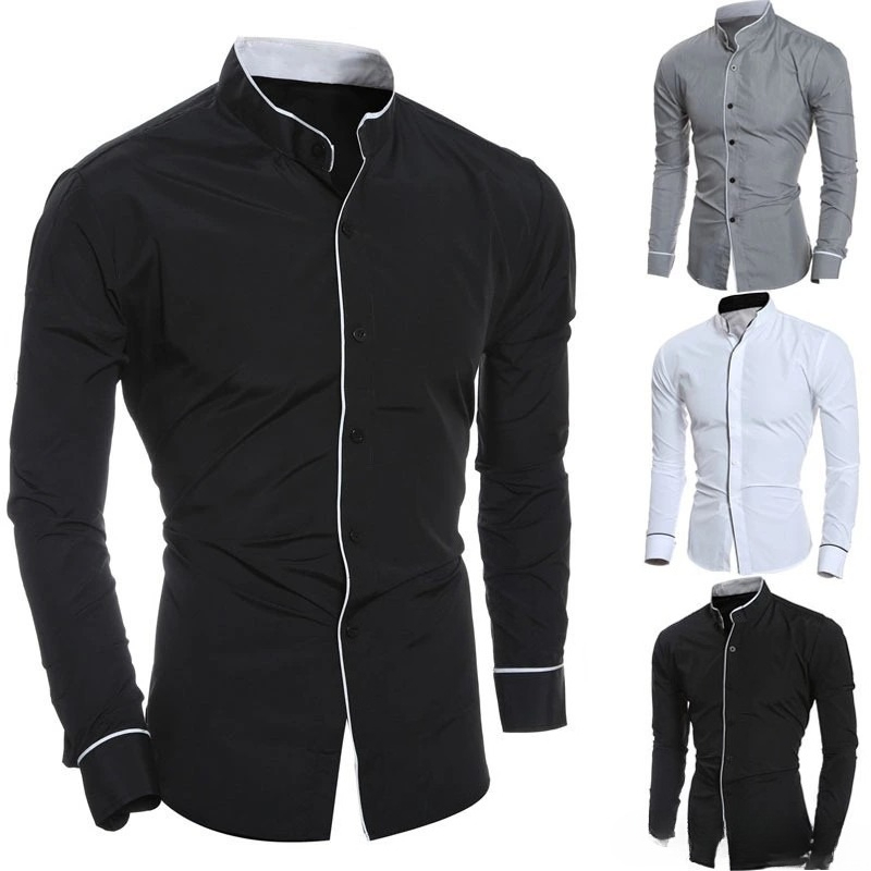 Mandarin Collar Formal Shirt Slim Fit - قمصان رجالية ضيقة بلون واحد وأكمام