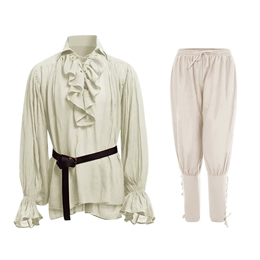 Medieval Gothic Lace Up Pirate Shirt - قمصان رجالية بتصميم القرون الوسطى، مزينة