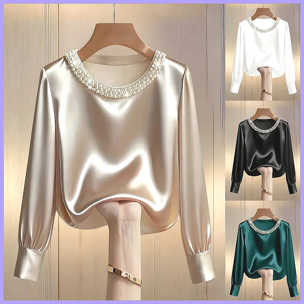 Shirts - بلوزة ساتان أنيقة مزينة بالخرز للنساء،