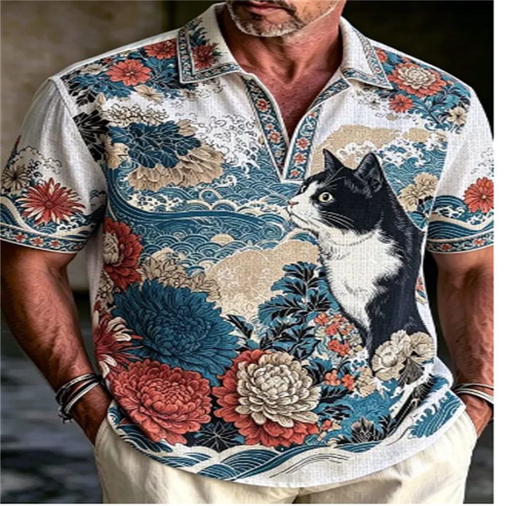 Vintage Hawaiian Floral Shirt - قميص بولو رجالي بأكمام قصيرة بطبعة
