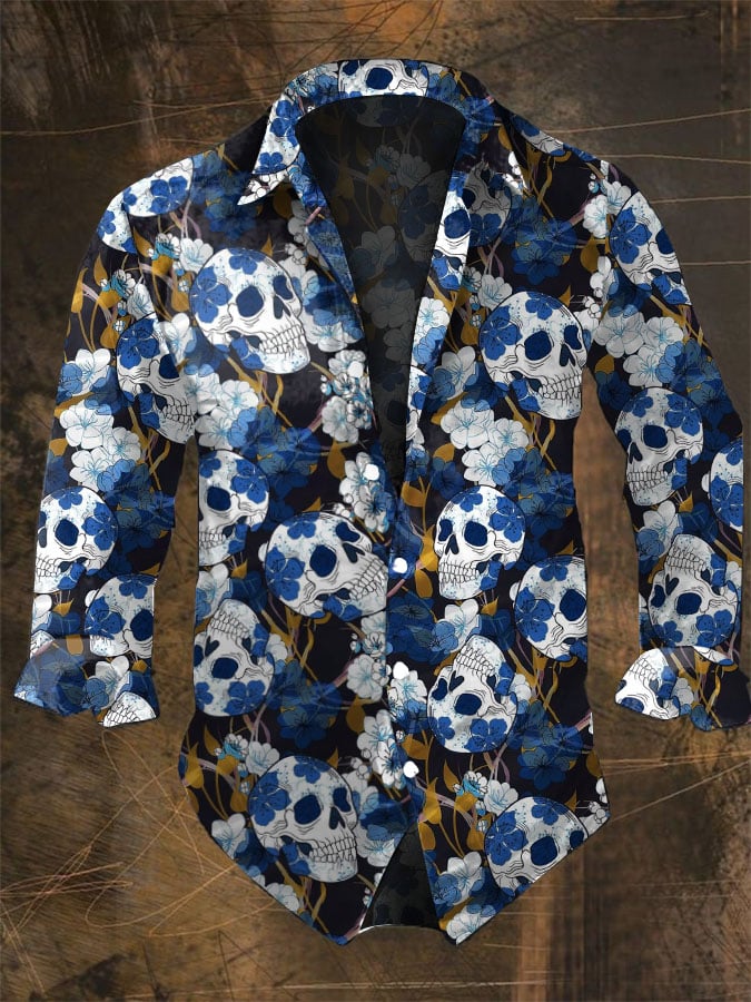 Vintage Hawaiian Floral Shirt - الرجال طباعة الجمجمة الداكنة قميص طويل