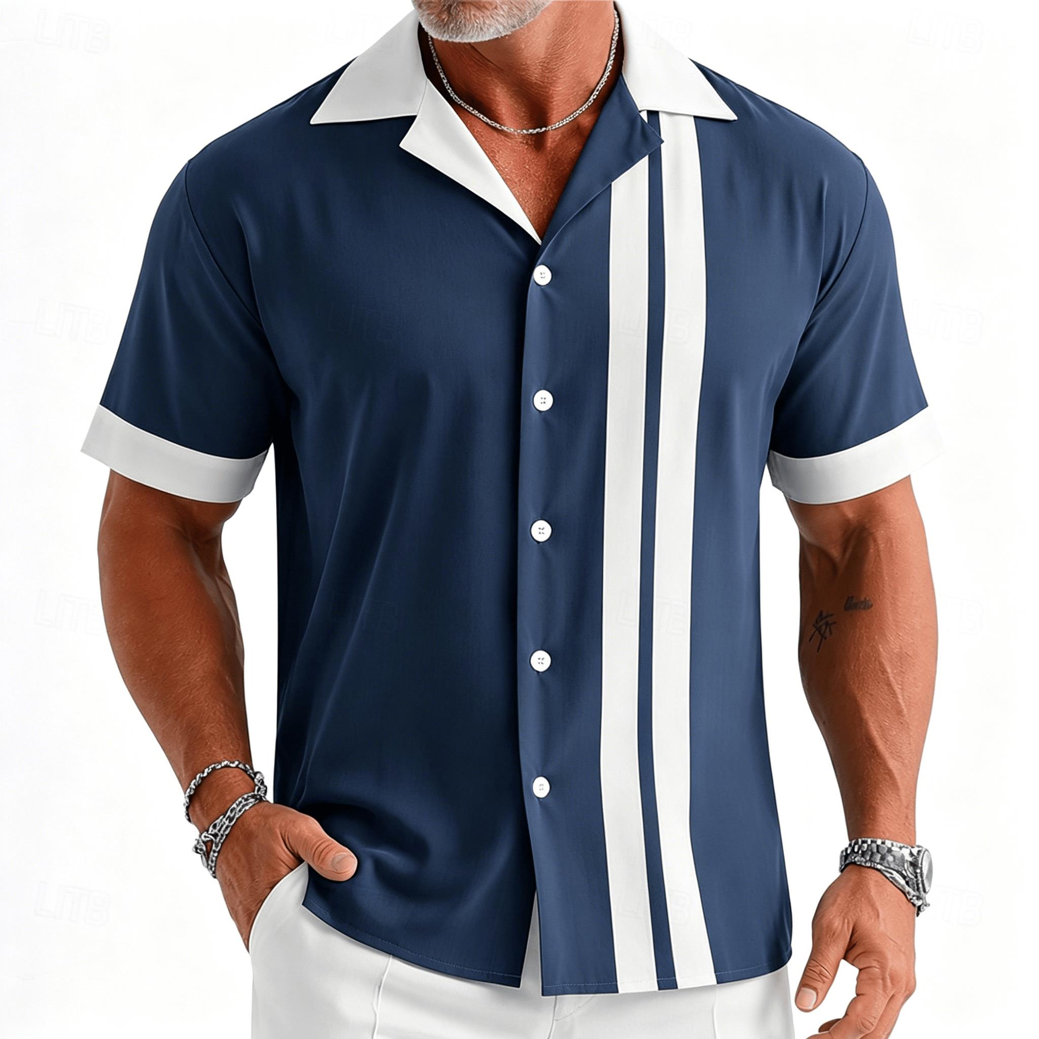 Short Sleeve Bowling Shirt Retro - قميص رجالي قصير الأكمام مخطط باللونين