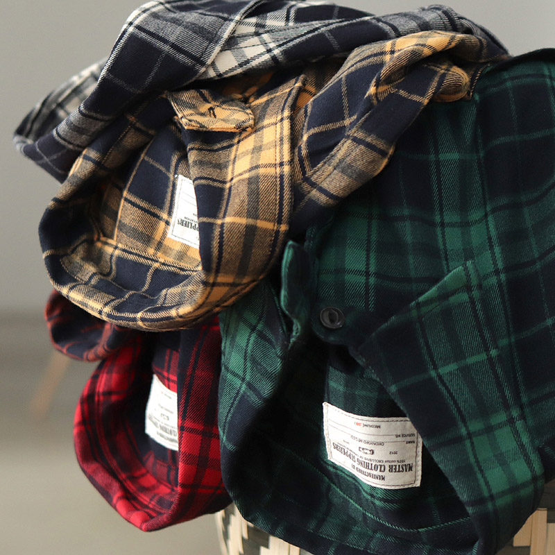 Flannel Plaid Shirt Heavy Weight - خريف جديد اليابانية الرجعية 300 جرام