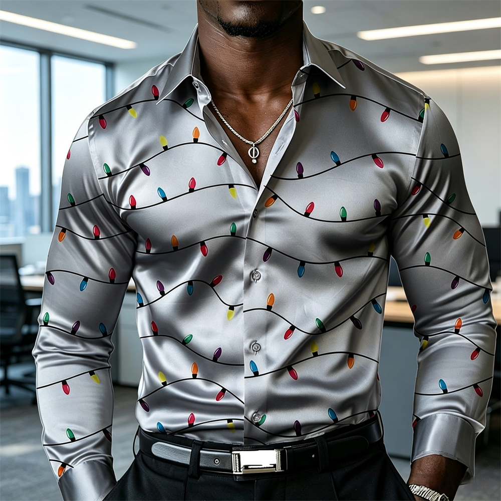Mens Satin Silk Dress Shirt - قميص رجالي بتصميم فانوس لعيد الميلاد،