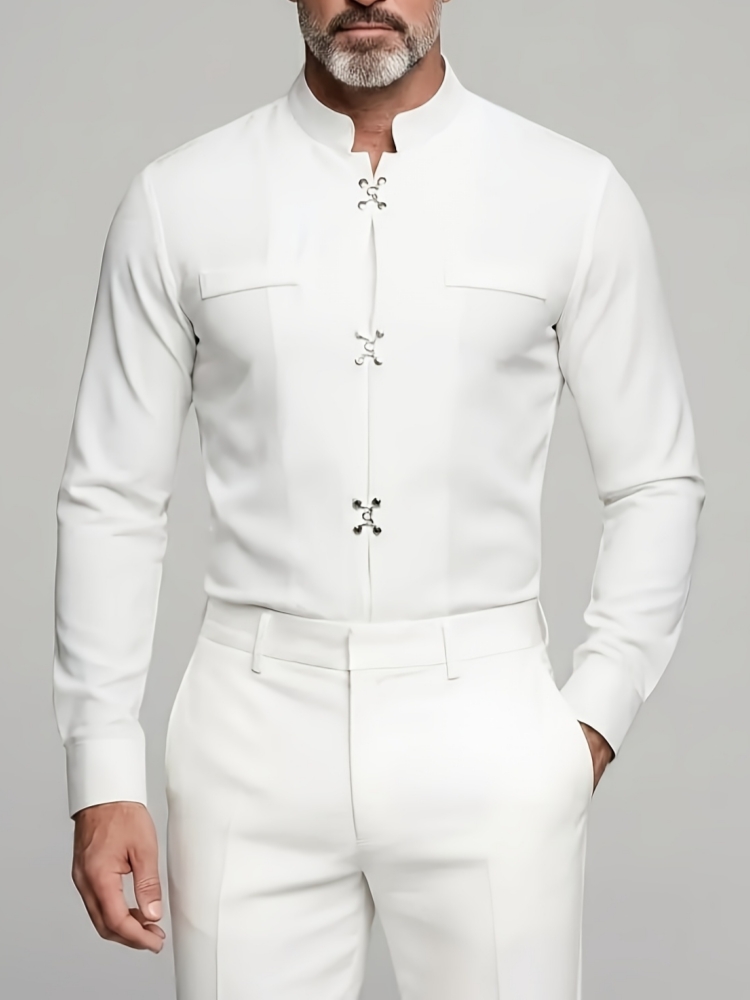 Mandarin Collar Formal Shirt Slim Fit - قميص رجالي فاخر بياقة ماندارين طويلة