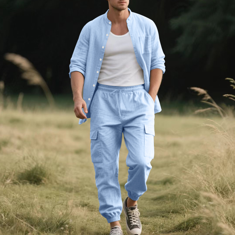 طقم رجالي من قطعتين من الكتان  - مراجعة Mens Linen Shirt Long Sleeve وسعره