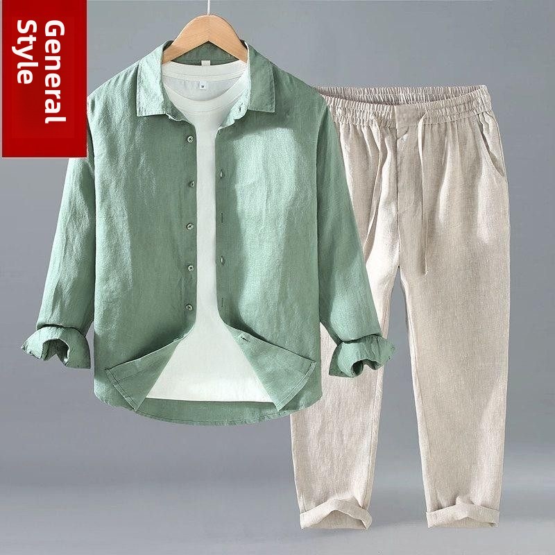 طقم قميص وبنطلون من القطن والك - مراجعة Mens Linen Shirt Long Sleeve وسعره