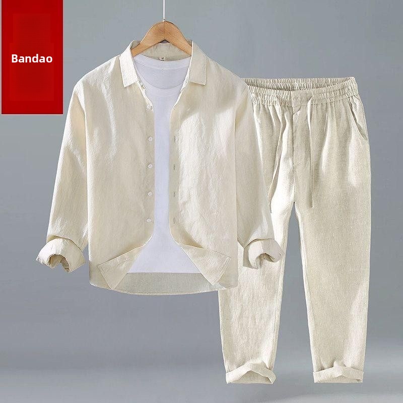 طقم قميص وبنطلون من القطن والك - مراجعة Mens Linen Shirt Long Sleeve وسعره