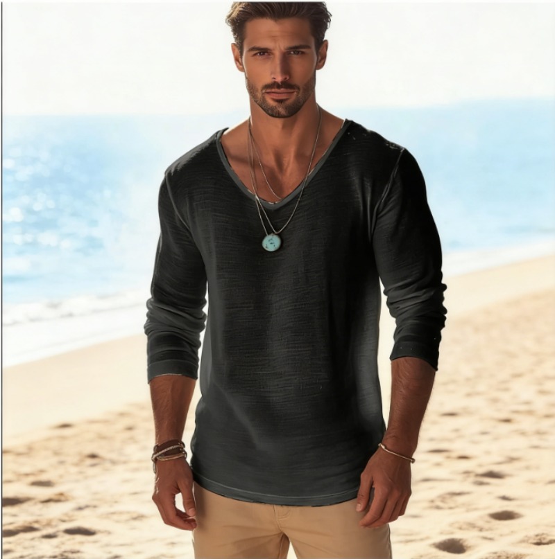 تي شيرت رجالي كاجوال برقبة على - مراجعة Mens Linen Shirt Long Sleeve وسعره