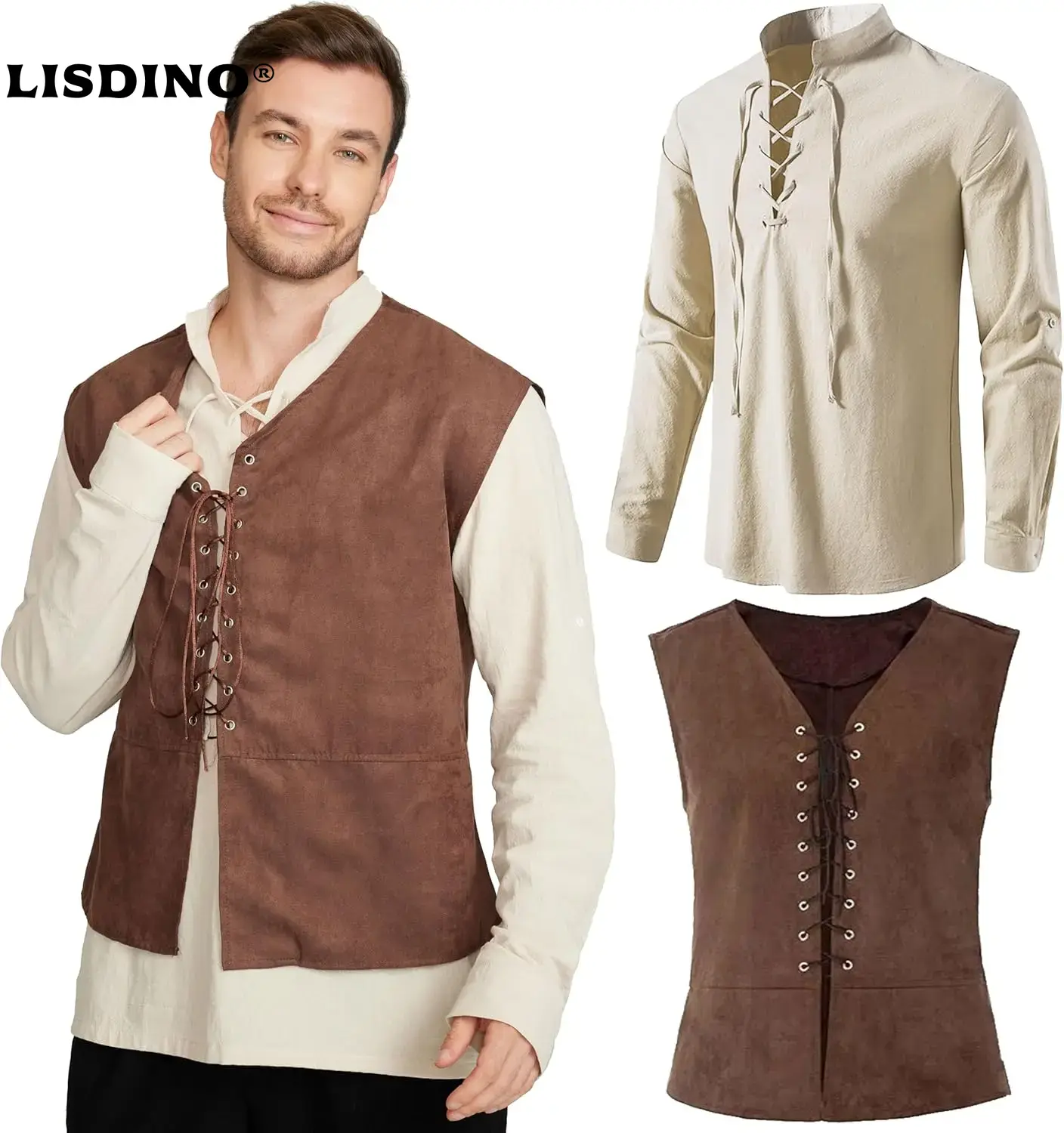2 قطعة مجموعة الرجال القرون ال - مراجعة Medieval Gothic Lace Up Pirate Shirt وسعره