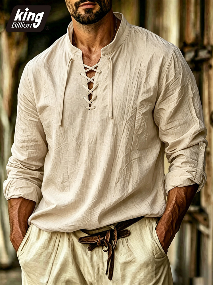 قميص رجالي برقبة على شكل V بأس - مراجعة Medieval Gothic Lace Up Pirate Shirt وسعره