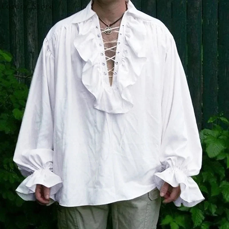 S-5XL القرون الوسطى القراصنة ه - مراجعة Medieval Gothic Lace Up Pirate Shirt وسعره