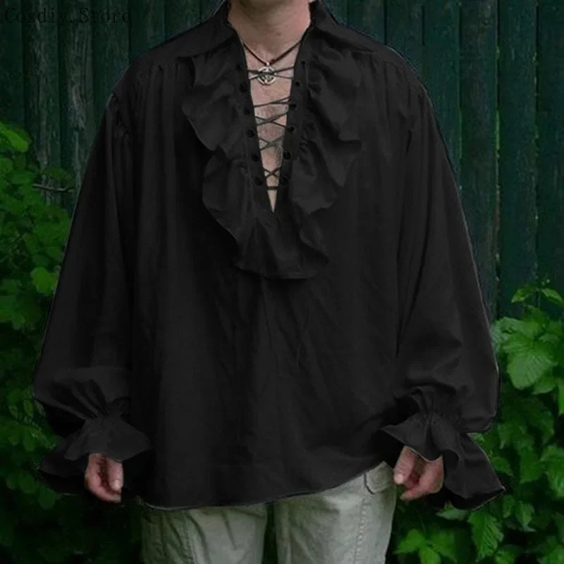 S-5XL القرون الوسطى القراصنة ه - مراجعة Medieval Gothic Lace Up Pirate Shirt وسعره