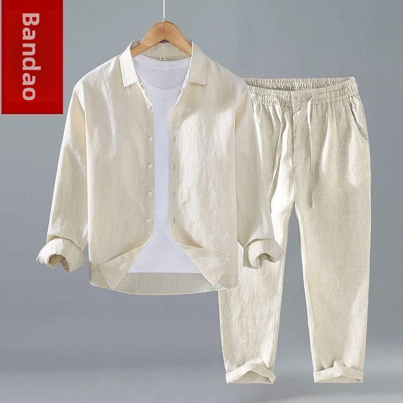 طقم قميص كتان فضفاض بأكمام قصي - مراجعة Mens Linen Shirt Long Sleeve وسعره